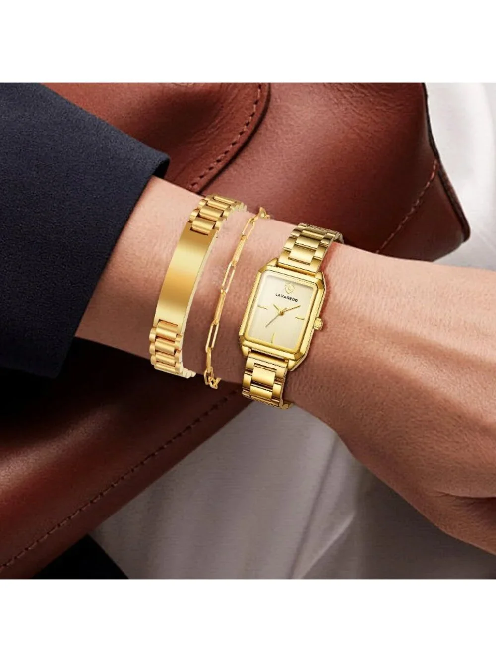 Women's All Gold Analog Stainless Steel Waterproof Luxury 3 Pecs Bracelet Watch